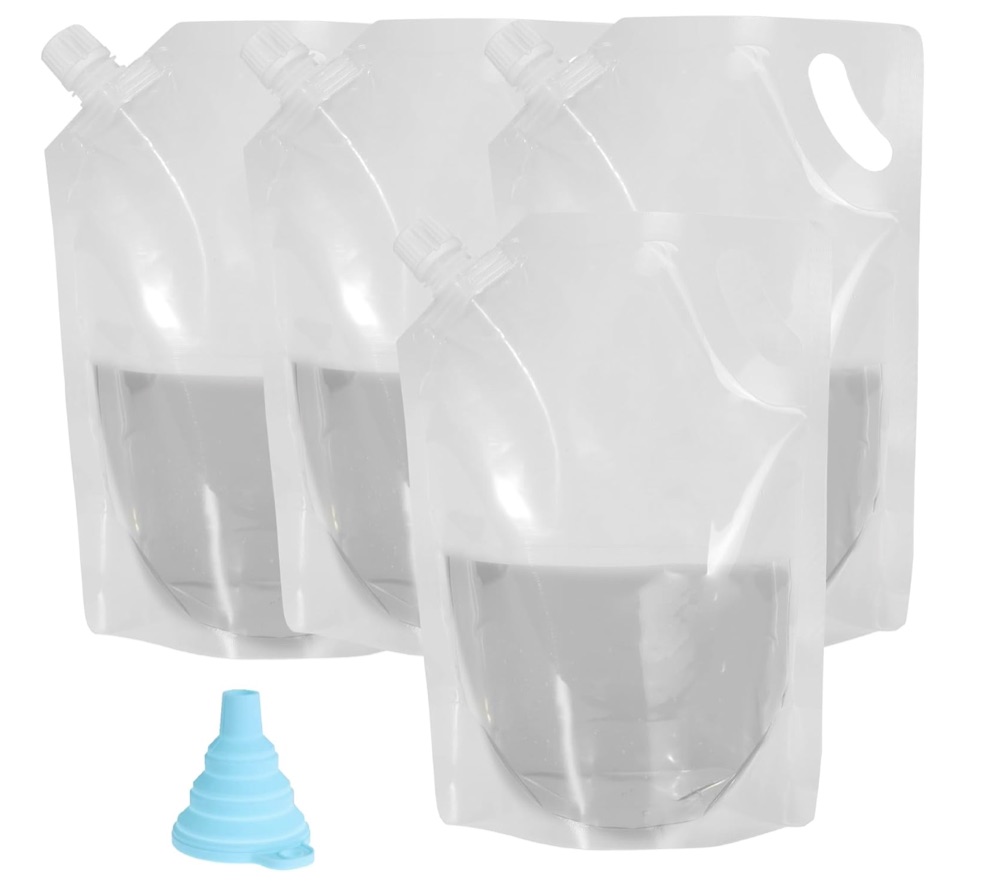 Four clear spout flasks with a blue collapsible funnel